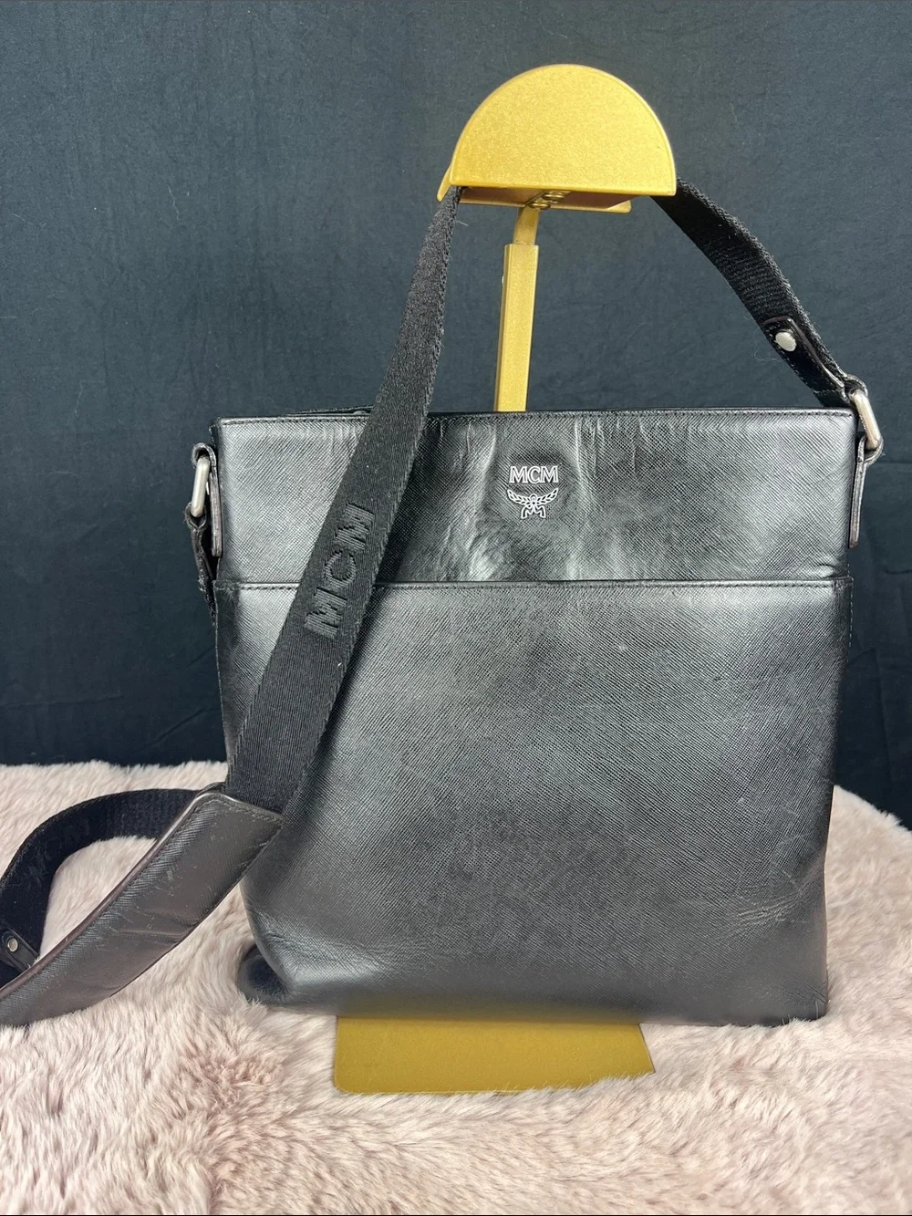 MCM Vintage Black Leather Messenger Bag Made in Korea